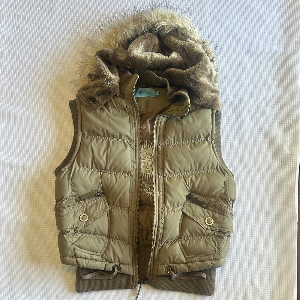 Women’s Olive Green Puffer Vest with Faux Fur Hood/Corset style Back